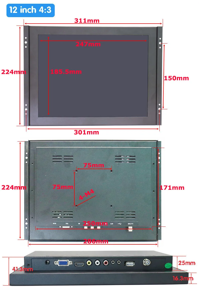 Открытая рамка 12 дюймов 1024x768 HD 4:3 металлический корпус HDMI VGA USB промышленный четырехпроводный резистивный сенсорный монитор ЖК-экран
