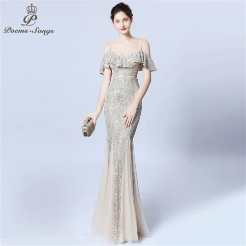 Серебристый Новинка, сексуальное элегантное вечернее платье, vestido de festa, яркие цвета, длинные платья с блестками для выпускного вечера, официальное вечернее платье - Цвет: Серебристый
