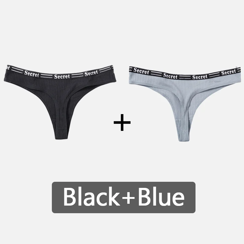 Black-Blue Женские стринги с буквенным принтом, хлопковые трусики-стринги, мягкое нижнее белье, женские трусики сексуальное женское нижнее белье, женские интимные трусы с низкой посадкой - Цвет: Black-Blue