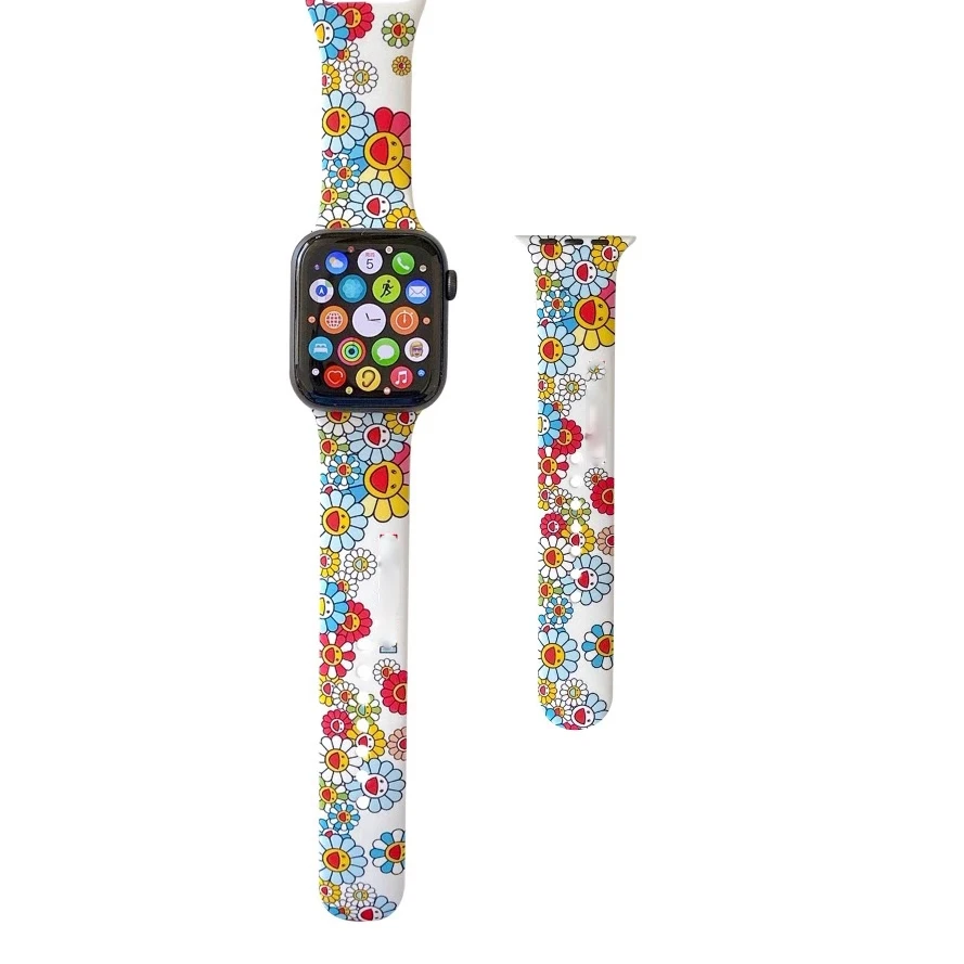 Ремешок силиконовый для наручных часов браслет с цветочным принтом iwatch Series 5 4 3 2 1