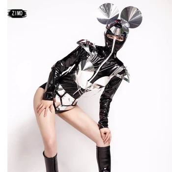 

future technology Nightclub GOGO bodysuit female DS black mirror light metal spiked armor performance girl space dance costumes