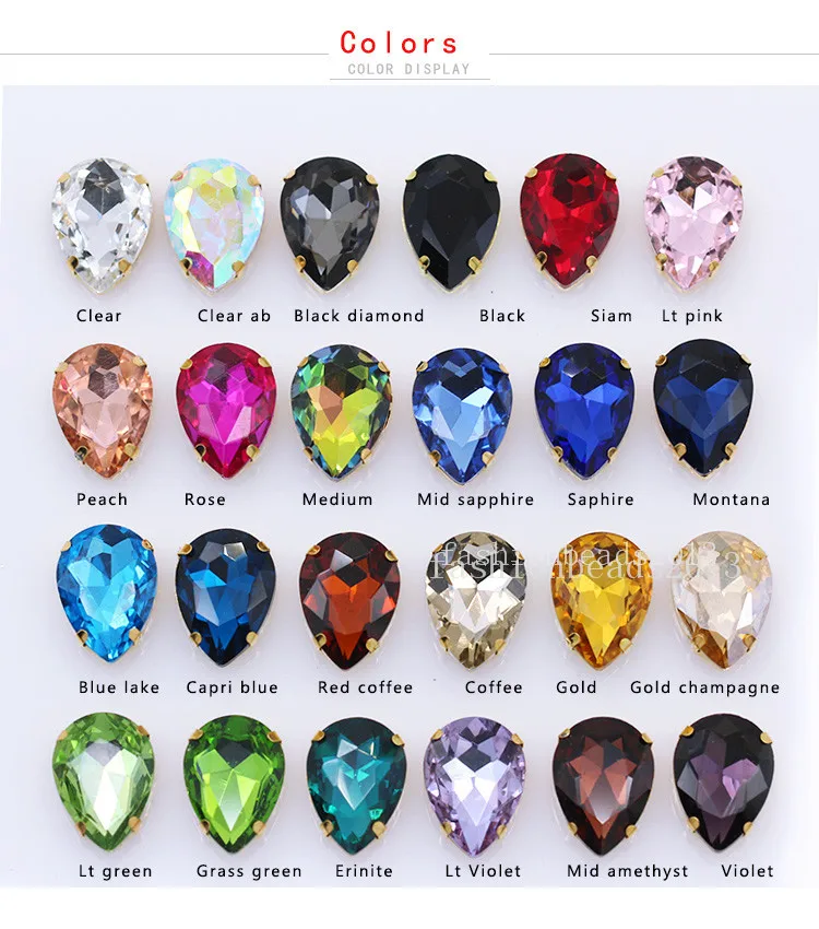 Multi Sizes 24-Colors Sew On Water Drops Rhinestone Golden Claw Teardrop 4-Holes For Jewels Needlework Wedding Dress Bag Trims