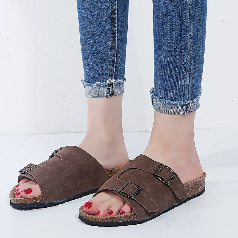 

2020 Summer Men's Suede Leather Mule Clogs Slippers High Quality Soft Cork Two Buckle Slides Footwear For Men Unisex Plus 35-44