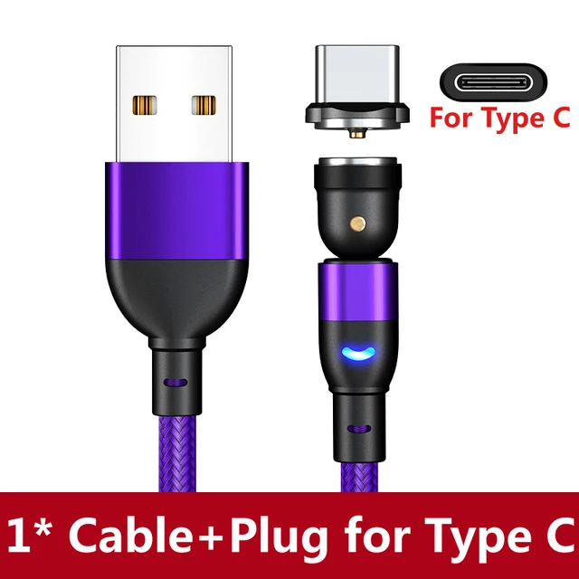 AUFU 540 Degrees Rotating Magnetic Cable Micro USB Type C Phone Cable For iPhone11 Pro XS Max Samsung Xiaomi USB Cord Wire Cable Purple for Type C