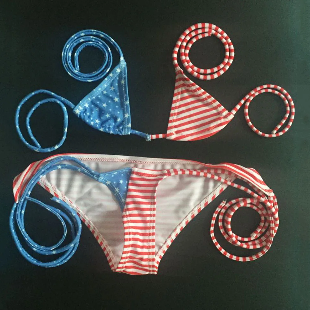 

Bathing Suits For Women Mini Micro Bikini Tie Side Extreme Triangle American Flag Stars Stripes Top Tanning Swimwear Swimsuits