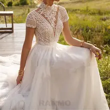 

RANMO High Neck Short Cap Sleeves Wedding Dress Boho Lace And Tulle A Line Beach Bridal Gowns Vintage 2021 Ivory Bride Dress