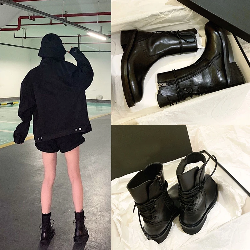Thick Heels Martin Boots Woman Back Lace-up Motorcycle Botines Round Toe Black Knight Botas Mid-calf Solid Leather Ladies Shoes