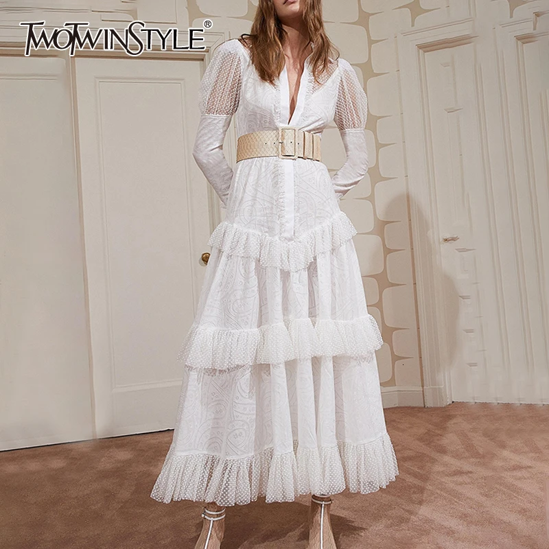 

TWOTWINSTYLE Wave Point Dress For Women Lapel Collar Long Sleeve Patchwork High Waist With Sashes Autumn Fashion New 2019