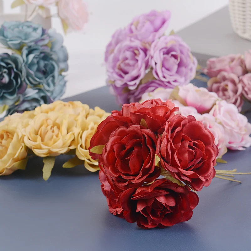 6Pc Artificial Flower High Quality Silk Rose Bouquet DIY Garland Wedding Party Home Decoration Gift Box Scrapbook Party Supplies