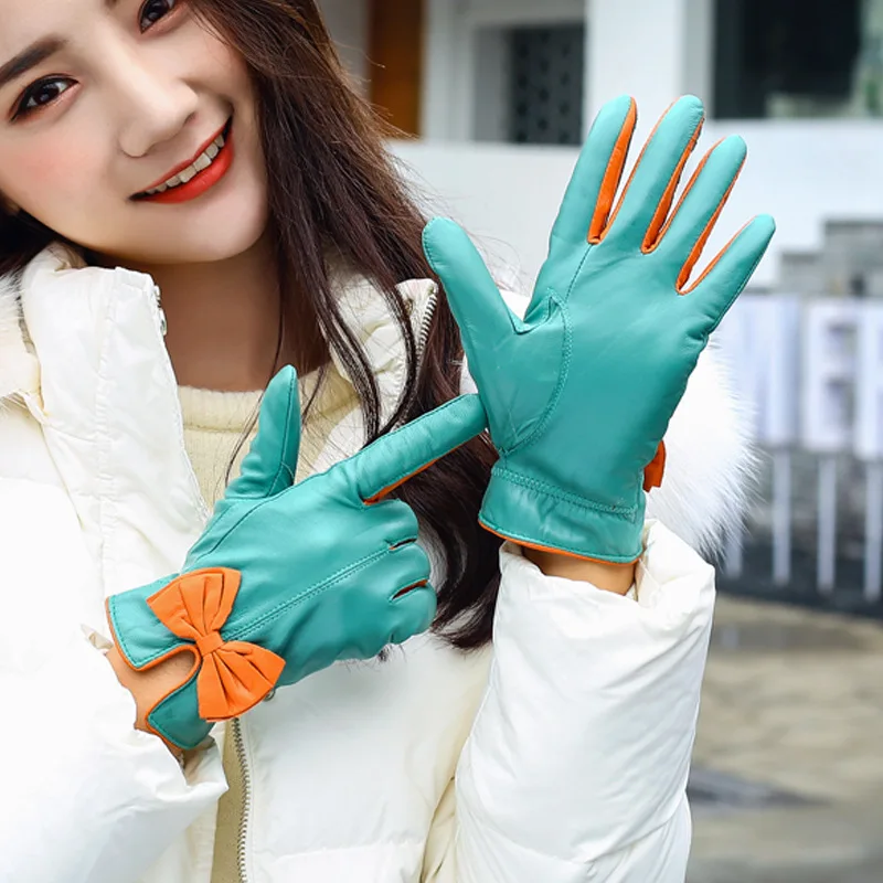 Перчатки женские Guantes из овечьей кожи с бантом стильные бархатные толстые теплые зимние варежки с сенсорным экраном ветрозащитные для езды на открытом воздухе G