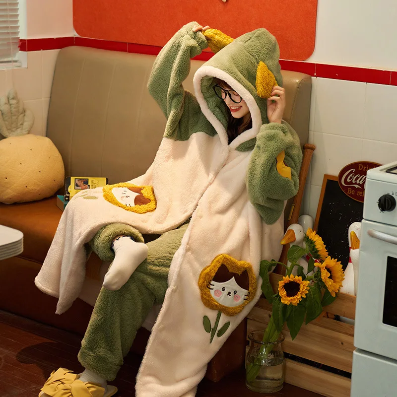 

New Winter Flannel Long-sleeved Thickening Plus Velvet Coral Fleece Cute Sets Home Service Pajamas Suits Women