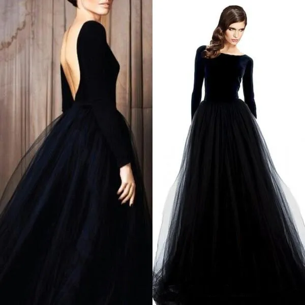 Prachtige Lange Mouw Avondjurken Velvet Black Prom Dress Bateau Hals Open Back Tulle Rok Floor Lengte Formele Slijtage Mouwen Prachtige Lange Mouw Avondjurken Velvet Black Prom Dress Bateau Hals Open Back Tulle Rok Floor Lengte Formele Slijtage Mouwen