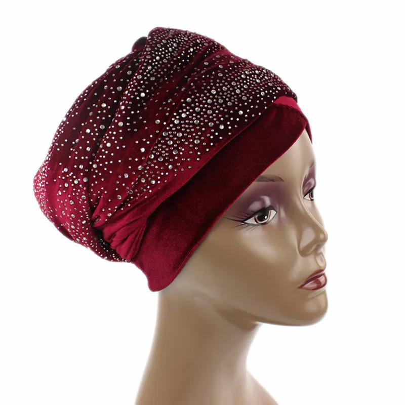 Женский удлиненный бархатный Тюрбан повязка на голову модные роскошные стразы головные уборы хиджаб платок на голову Мусульманский Стиль Аксессуары для волос - Цвет: wine red