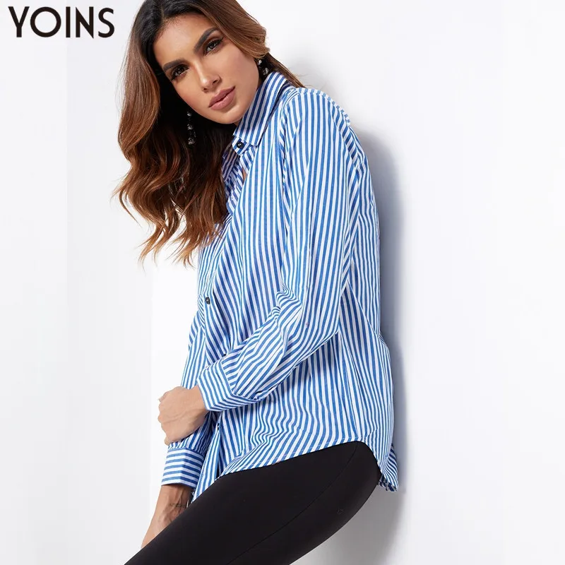 YOINS женская блузка в полоску с отложным воротником и асимметричным карманом с длинным рукавом женские элегантные рубашки повседневные свободные топы Blusas