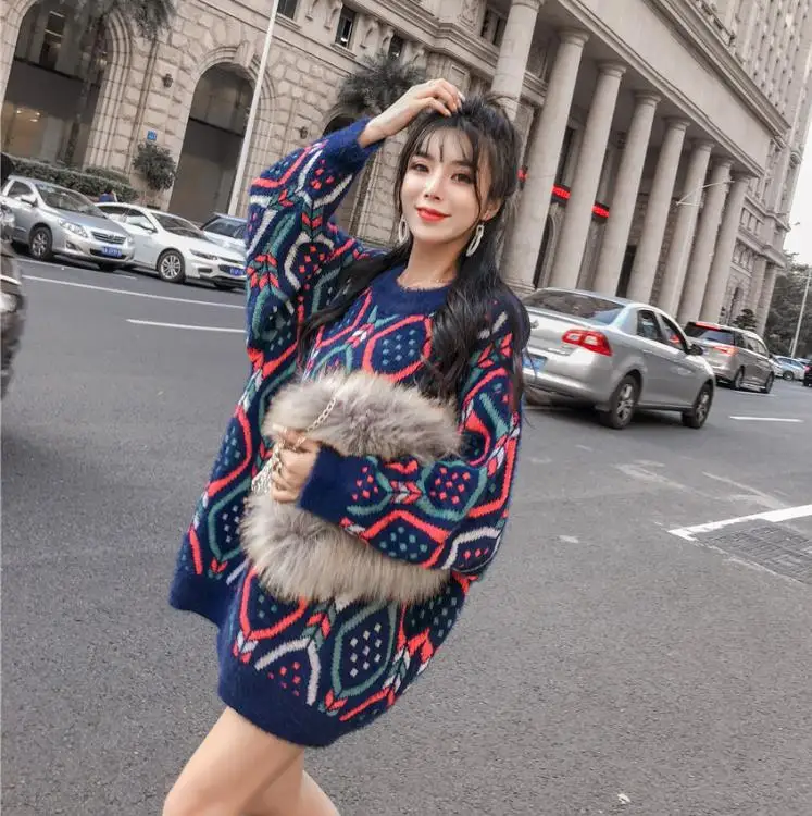 

turtleneck knitted sweater Autumn new Korean version of the retro diamond lattice checkered loose lazy bat sleeve sweater