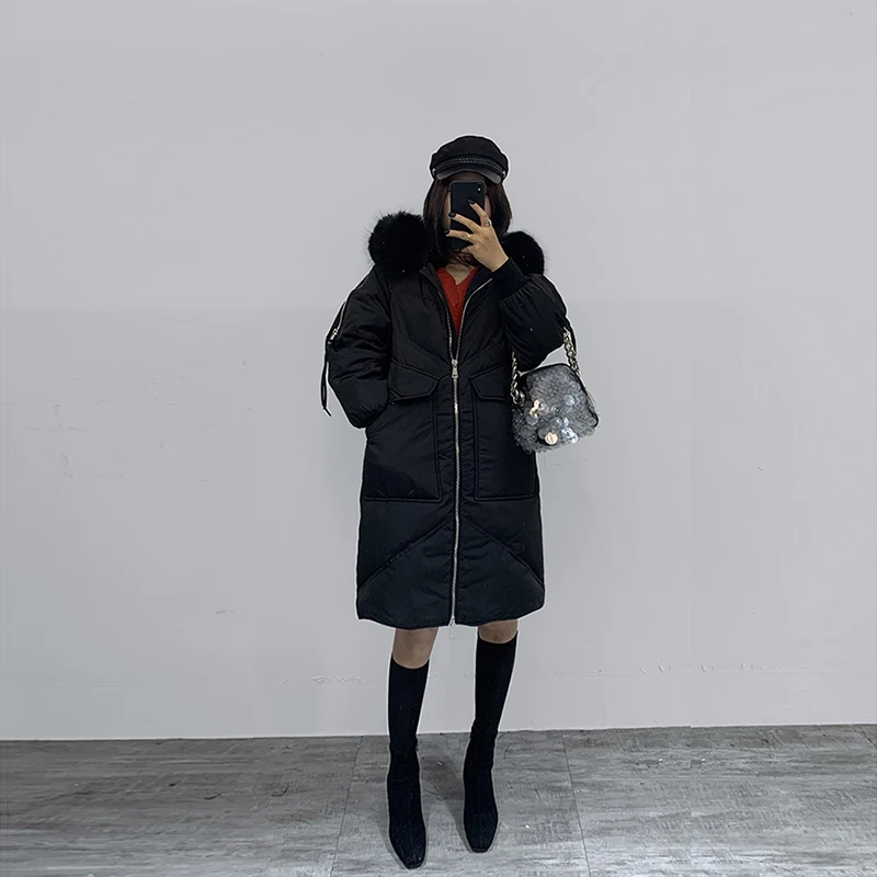 Женское пуховое пальто с капюшоном из натурального меха, женские теплые парки, Длинные куртки синего и черного цвета, большие размеры XXXXXXL 5XL 6XL