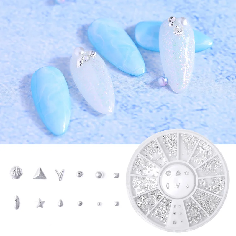 

12 Grids/Box 3D Nail Studs Rivets Silver Color Geometric Star Moon Mixed Patterns Nail Art Decoration in Box Nail Accessories