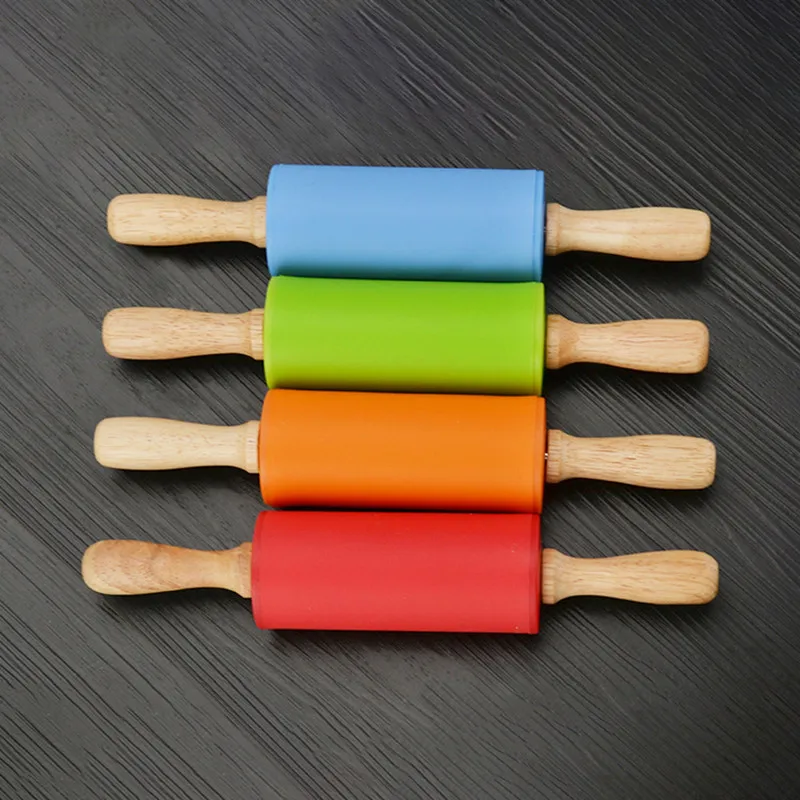 Non-Stick Wooden Handle Silicone Rolling Pin Fondant Pasta Cookie Dough Pastry Bakery Noodle Roller Kitchen Cooking Baking Tools