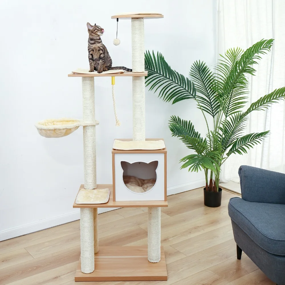 H166CM Fast Delivery Cat Tree Tower Condo Solid Wood Scratcher with Scratching Post for Cats Climbing Tree Toys Furniture Design