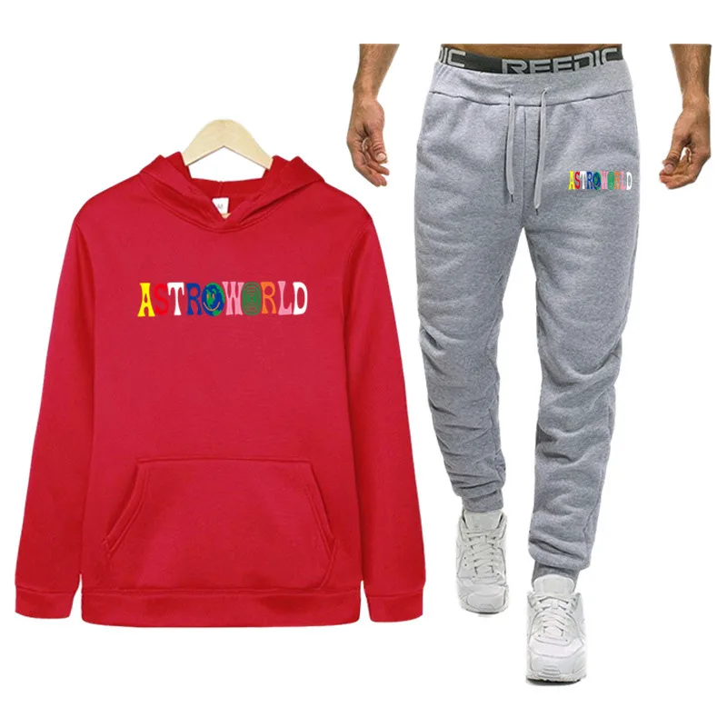 red Комплект спортивной мужской одежды ASTROWORLD, осень, новые спортивные комплекты с капюшоном, спортивные костюмы из двух частей, мужские толстовки с капюшоном+ штаны, 2 предмета - Цвет: red