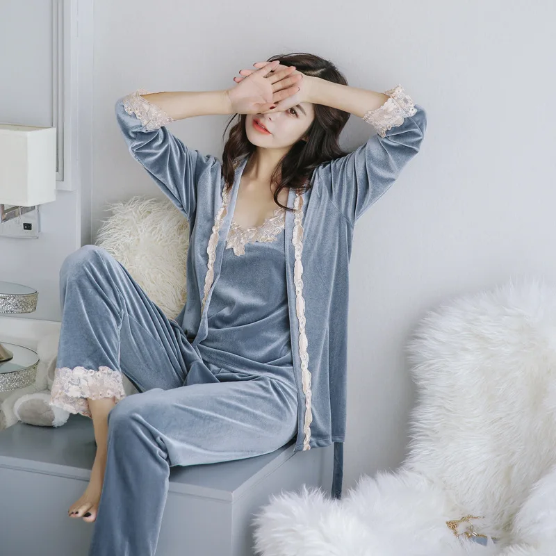 Сексуальный женский велюровый пижамный комплект Леди ремень топ брюки одежда для сна, одежда для дома из трех частей халат кимоно халат ночная рубашка