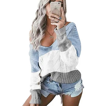 

Shopping Streetwear Tops Loose Women Knitted Jumper Cotton Blend Autumn Winter V Neck Long Sleeve Hit Color Daily Casual Party