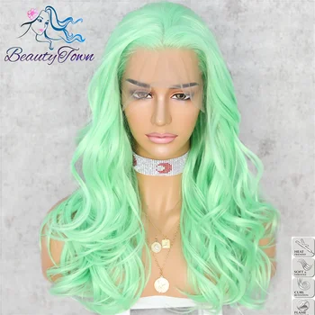 

BeautyTown Light Green Wave High Heat Resistant Drag Queen Blogger Makeup Women Present Wedding Party Synthetic Lace Front Wig
