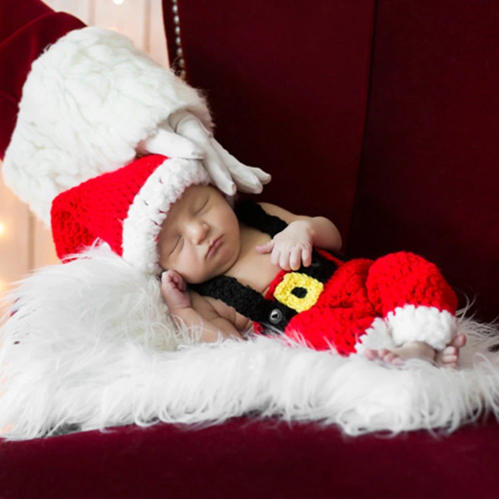 Christmas Costume Baby Knitting Set Comfortable Suspender Trouser Soft All Seasons Photography Props Exquisite Red With Hat Warm