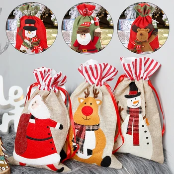 

1 Pcs Christmas Cookie Candy Party Gift Bag Santa Claus Snowman Elk Drawstring Jute Burlap Gift Bags Christmas Decoration
