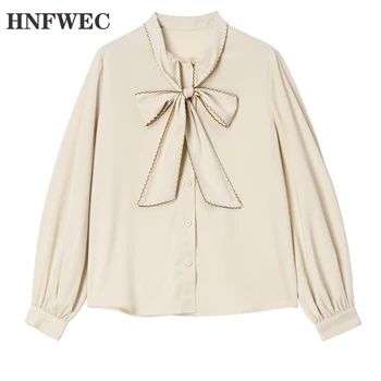 

2020 Spring Autumn Women Khaki Brief Temperament Blouse New Bow Collar Long Sleeve Loose Fit Shirt Fashion Tide V832