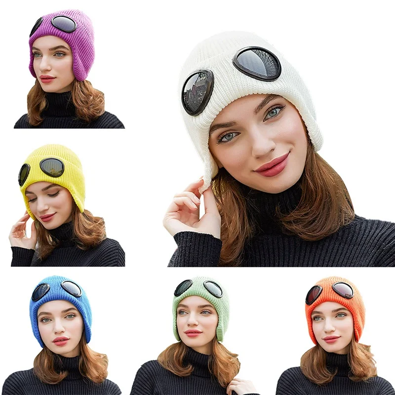 

Unisex Wool Knitted Goggles Beanie, Leisure Thermal Fluffy Warm Autumn Winter Hat Sports Cap Heat Keeper Ear Snow Cold Protector