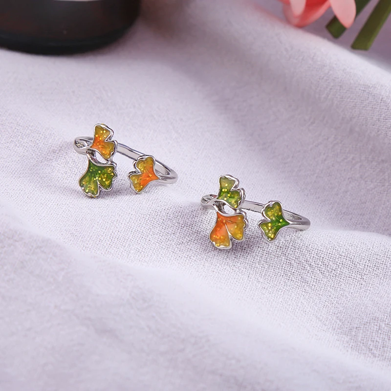 

Simple Design Fashion Ring For Women Green/Yellow Enamel Ginkgo Biloba Ring Appointment Wedding Date Gift Jewelry Handmade