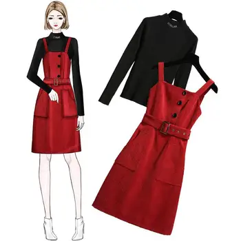 

2 Piece Set Women Dress Korean style red strap dress casual Two Piece Outfits knitted tops girl fall winter outfits New