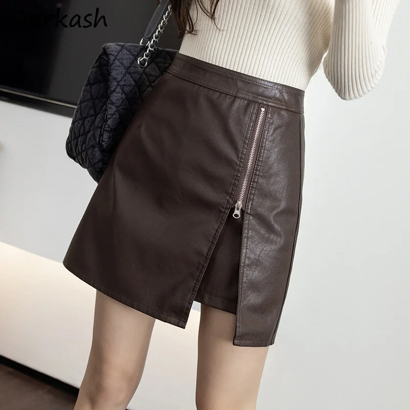 

Skirts Women Zipper Design College Fashion Simple Fall All-match PU Pure Asymmetrical Casual Mujer Faldas High Waist Bodycon New