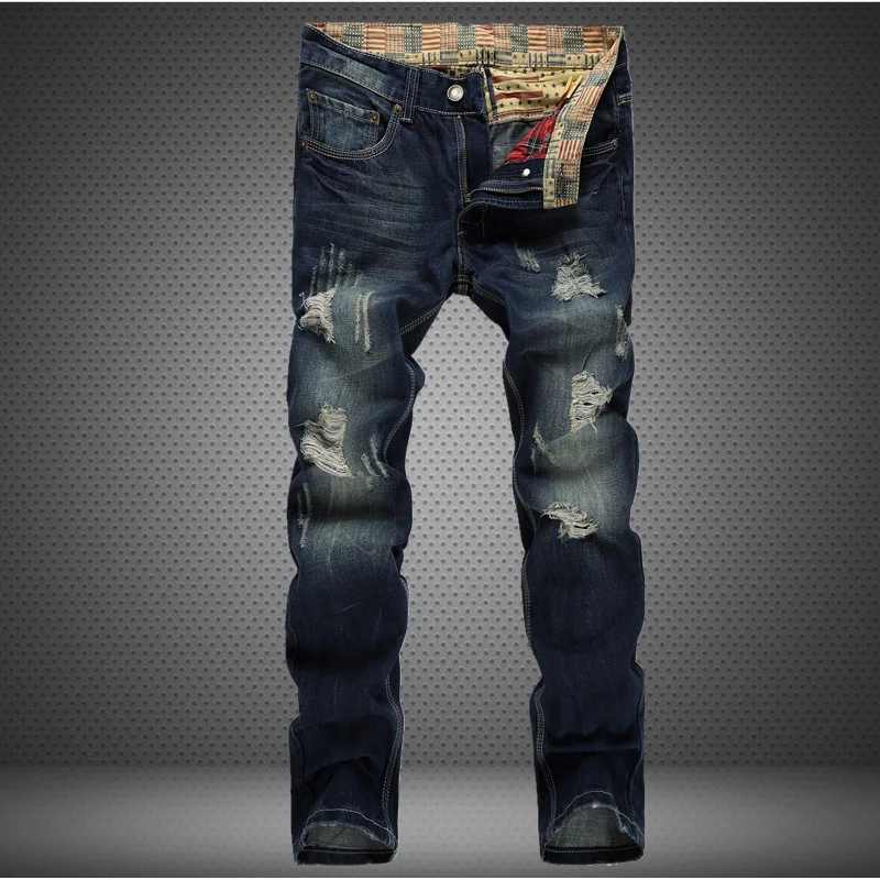 Мужские джинсы, модные джинсы с дырками, четыре сезона, прямые брюки, ностальгические потертые джинсы, мужские брюки