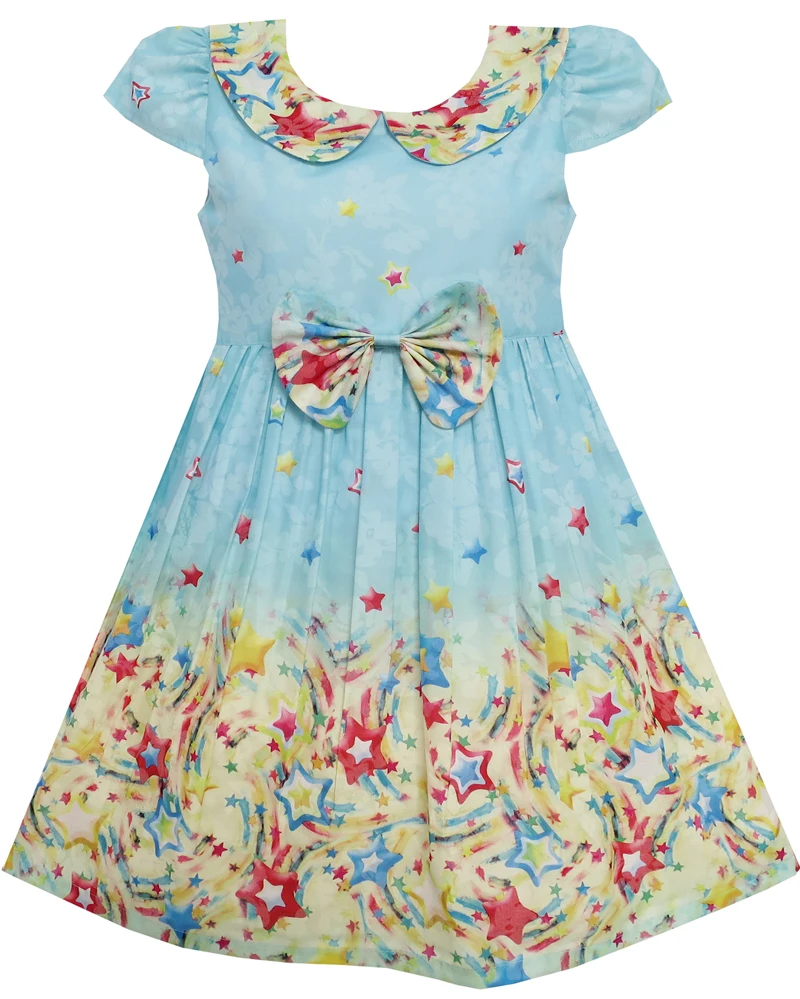 Girls Dress Star Sky Turn-down Collar Short Sleeve Blue 2020 Summer Princess Wedding Party Dresses Children Clothes Pageant |