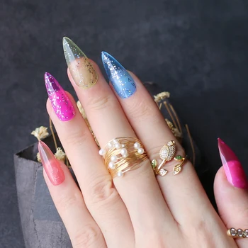 

Long stiletto jelly babies nails rainbow fasle nails glitter 24pcs rose blue yellow orange Summer almond nails