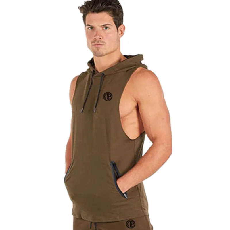 Army green Мужские хлопковые толстовки с капюшоном на молнии с карманом, одежда для фитнеса, бодибилдинг, безрукавки для мужчин, жилет с капюшоном без рукавов, топы, новая одежда - Цвет: Army green
