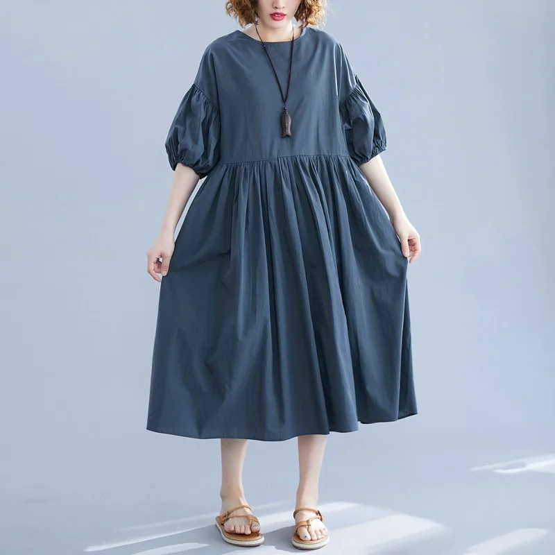 Johnature 2021 New Casual Lantern Sleeve A-Line Solid Color Women Dresses Spring O-neck Half 3 Colors Korean Dress | Женская одежда