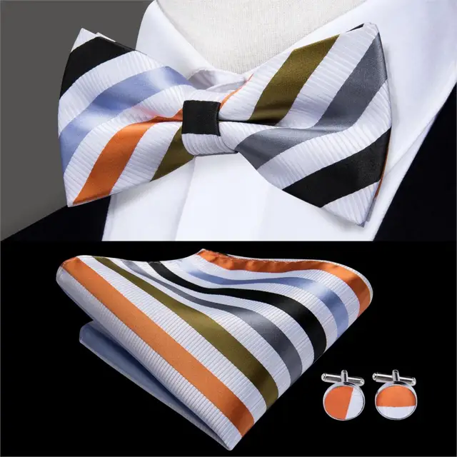 Hi-Tie Classic Black Bow Ties for Men 100% Silk Butterfly Pre-Tied Bow Tie Pocket Square Cufflinks Suit Set Floral Gold Bowties LH-514