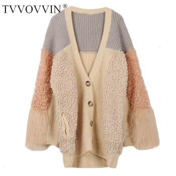 

TVVOVVIN Early Autumn Real Lazy Style Hit Color Long Fund Sweater Knitting Cardigan Easy V Neck Loose Coat Woman ZX020
