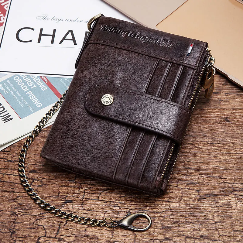 RFID Men Wallets Slim Leather Bifold Hasp Vintage Short Male Purse Coin Pouch Multi-functional Cards Wallet Designer Chain Bag