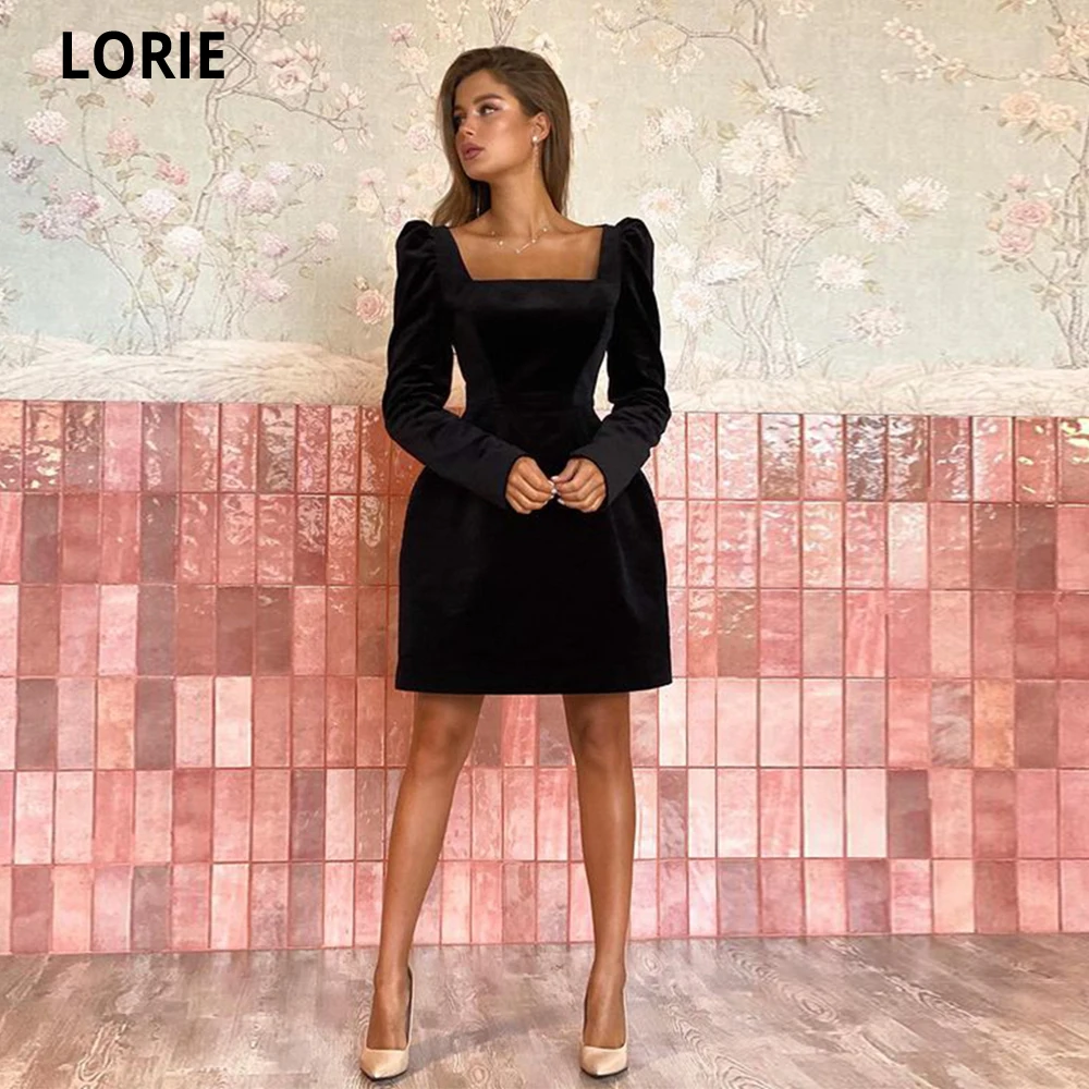 

LORIE Simple Black Cocktail Dresses Puff Long Sleeves Strapless Velvet Mini Short Prom Gowns Modern Graduation Party Dress