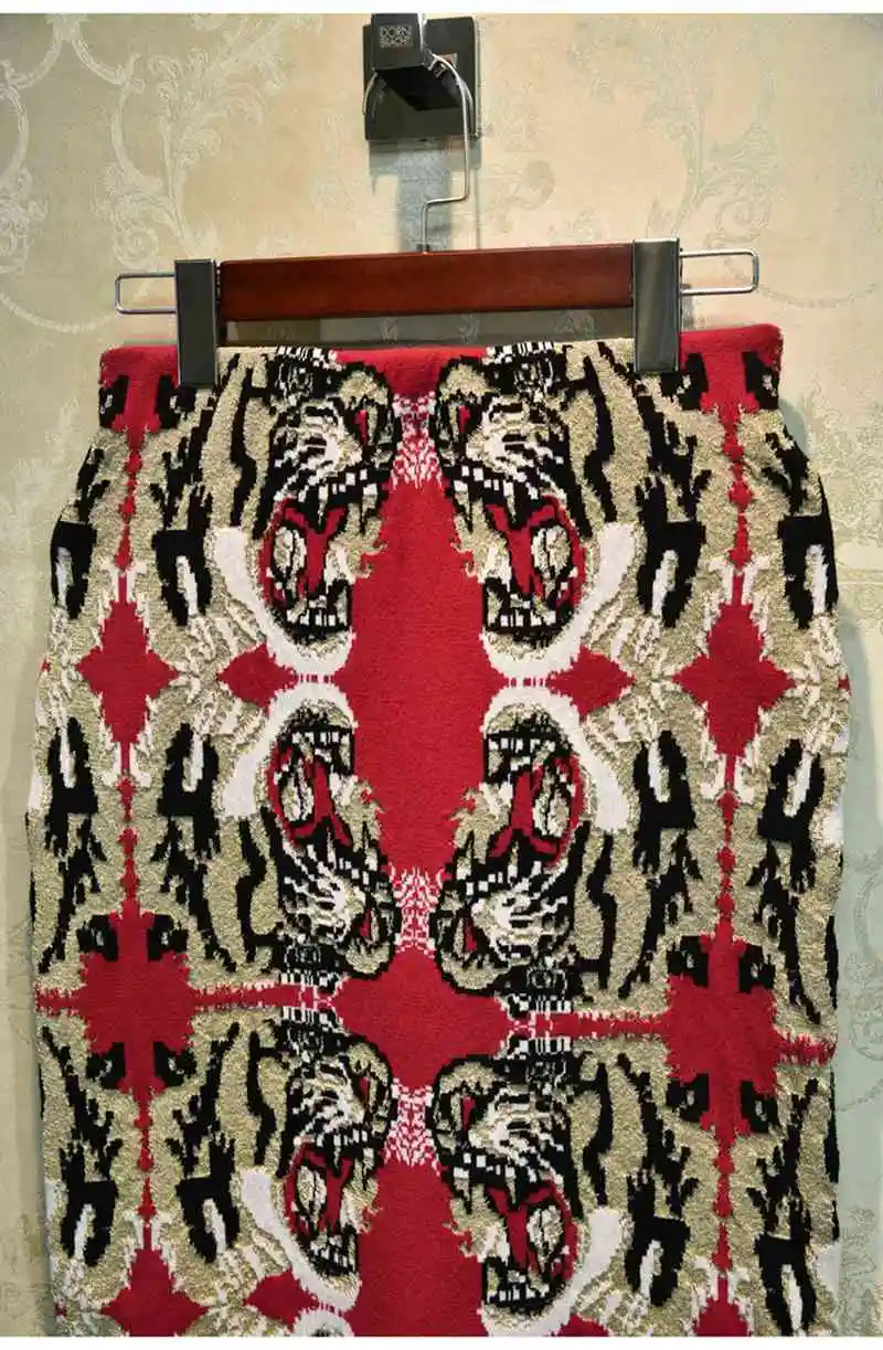 JOYDU подиумная винтажная юбка вышивка золотой нитью голова тигра Красная Высокая талия миди юбка элегантные женские юбки saia jupe faldas