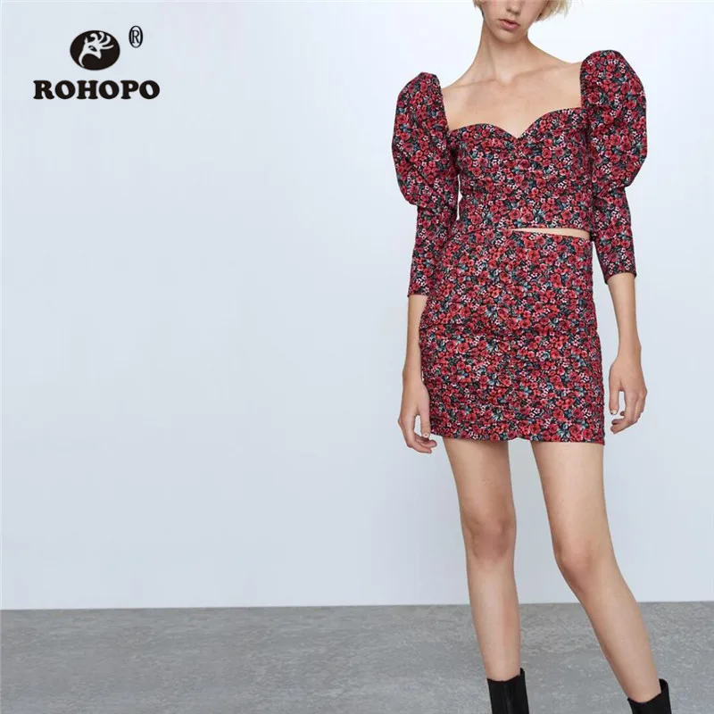 ROHOPO мини-юбка с завышенной талией и цветочным принтом в виде красной розы, на молнии сбоку, драпированная Женская Осенняя юбка с рисунком торта, Falda#6542