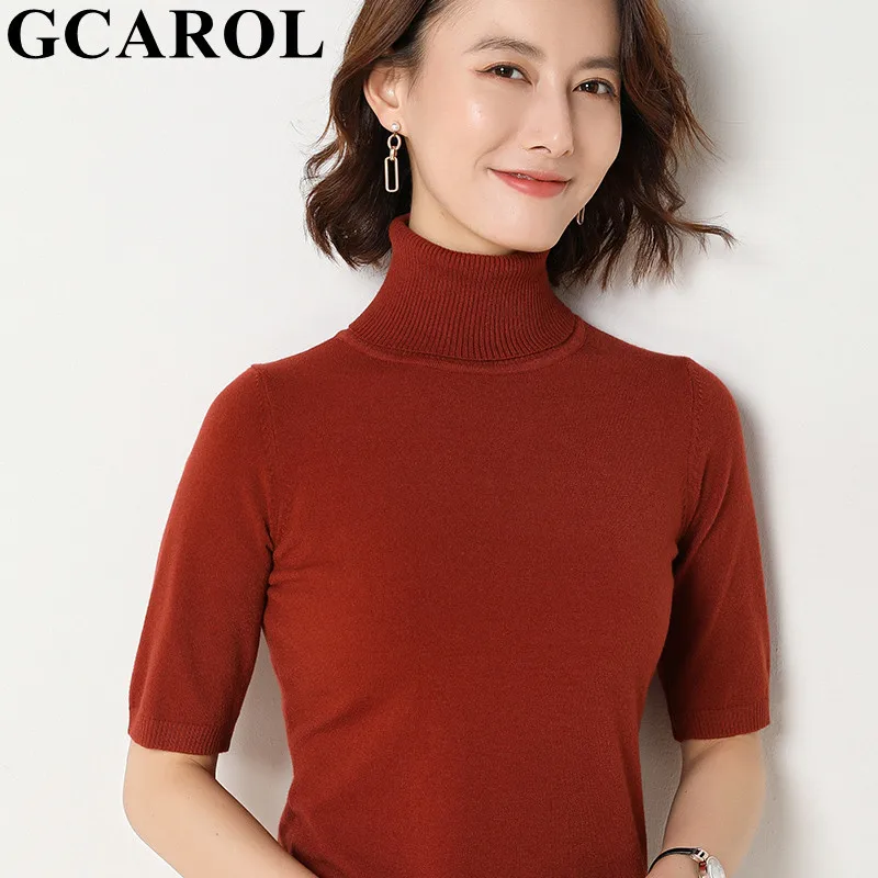 

GCAROL 2020 Spring Summer Women Candy Knit T-shirt Thin Turtleneck Basic Tees 30% Wool Breathable Render Knit Tops Plus Size 2XL