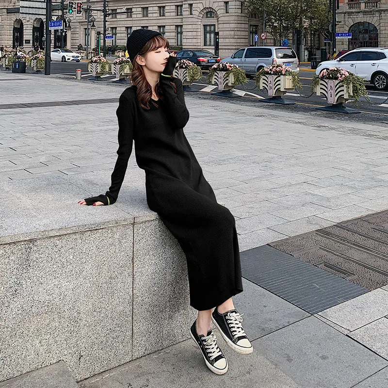 

Photo Shoot 2020 Spring, Autumn And Winter New Style Long Sleeve Medium-length Dress Knit Base Skirt Korean-style Slim Fit WOMEN