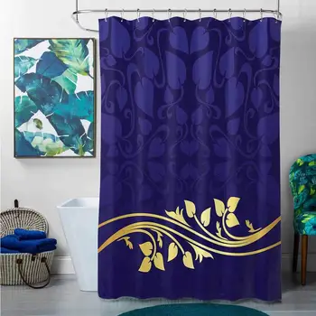 

Shower Curtains Gray Fabric Floral,Romantic Royal Leaf Pattern with Golden Colored Floral Branch with Leaves,Indigo and