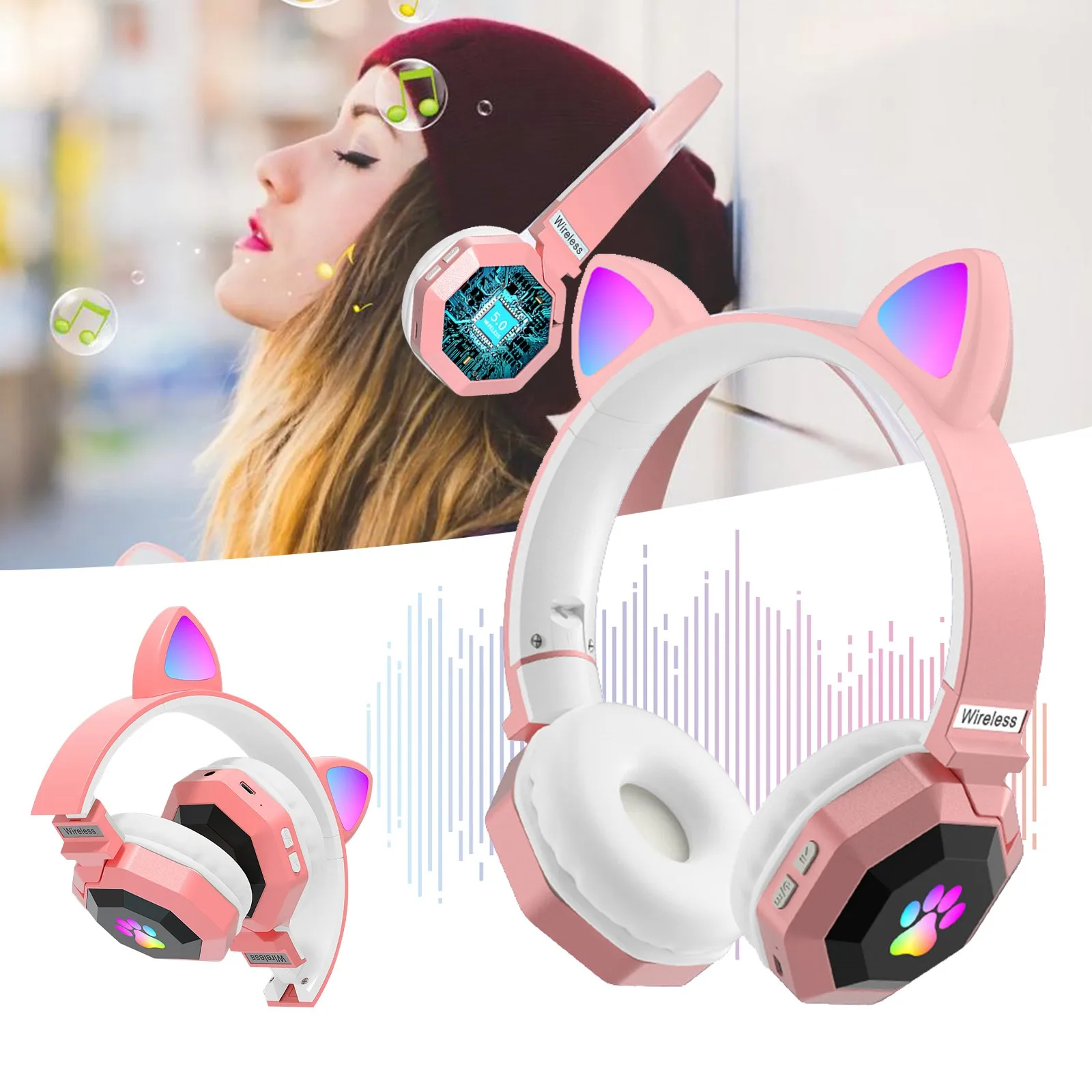 Беспроводная гарнитура Bluetooth 5 0 M2 светящиеся наушники в форме кошачьих ушей с