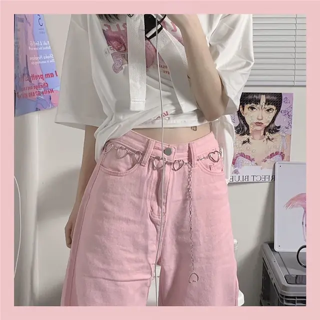 HOUZHOU Y2K Baggy Pink Jeans Women Kawaii Korean Fashion Oversize Low Rise Wide Leg Denim Pants Streetwear Loose Trousers Alt 3